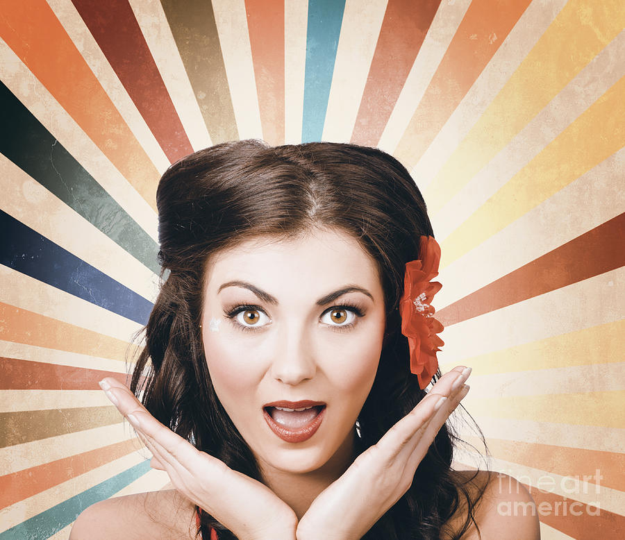 Beautiful retro brunette girl with surprised look #1 Photograph by Jorgo Photography