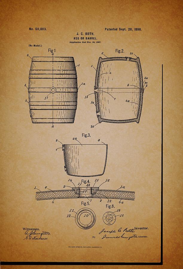 Vintage Drawing - Beer Keg Patent - 1898 #1 by Mountain Dreams