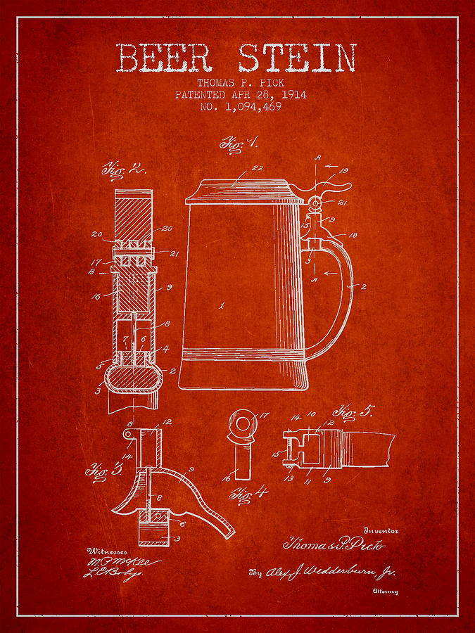 Beer Stein Patent From 1914 - Red Digital Art