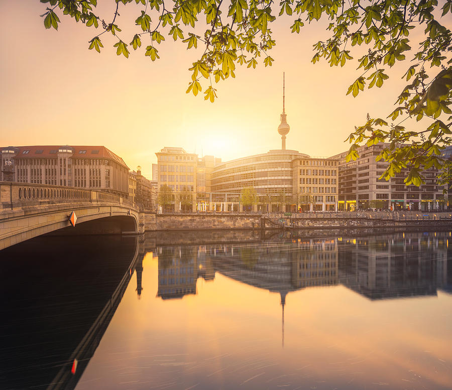 Berlin City Summer Skyline with Spree River Reflection and Sunlight #1 Photograph by Matthias Makarinus