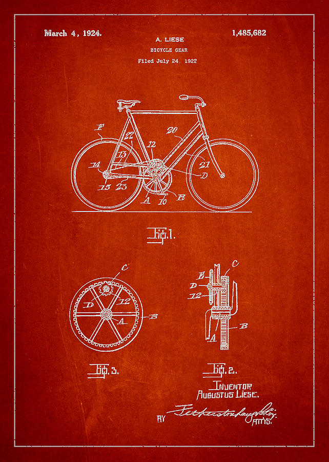 Bicycle Gear Patent Drawing From 1922 - Red Digital Art