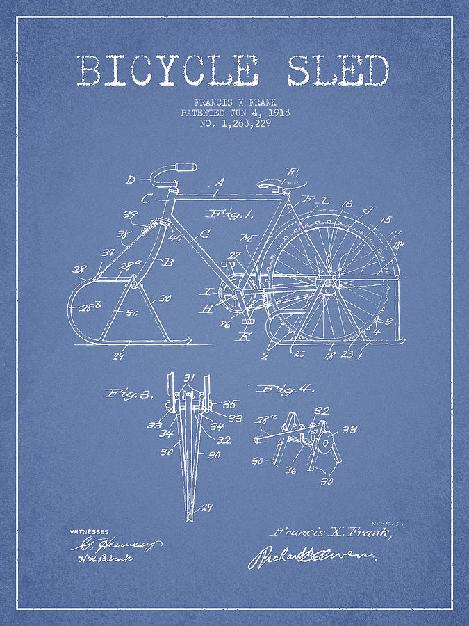 Bicycle Sled Patent Drawing From 1918 - Light Blue Digital Art