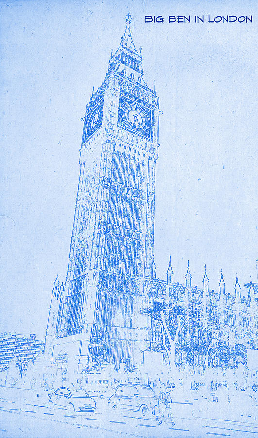 Big Ben in London  - BluePrint Drawing Digital Art by MotionAge Designs