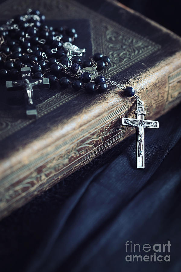 Black rosary beads with leather book #1 Photograph by Sandra Cunningham