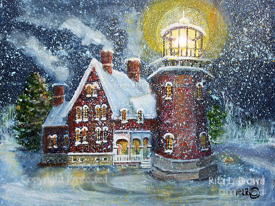 Block Island Lighthouse in Winter #1 Painting by Rita Brown