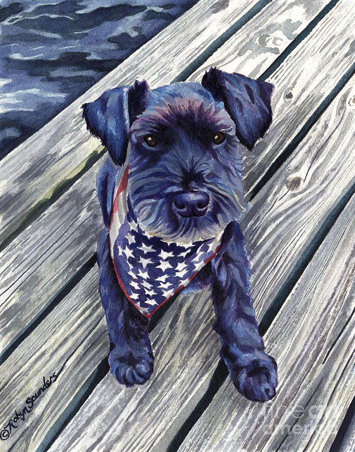 Colorful Schnauzer Dog on Pier Painting by Robyn Saunders