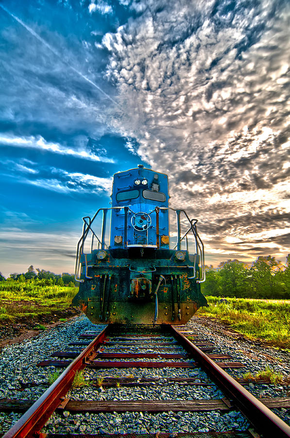 Blue Freight Train Engine At Sunrise  #1 Photograph by Alex Grichenko