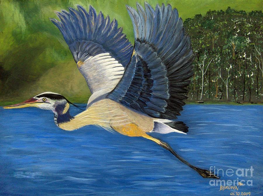 Blue Heron in Flight Painting by Brenda Brown