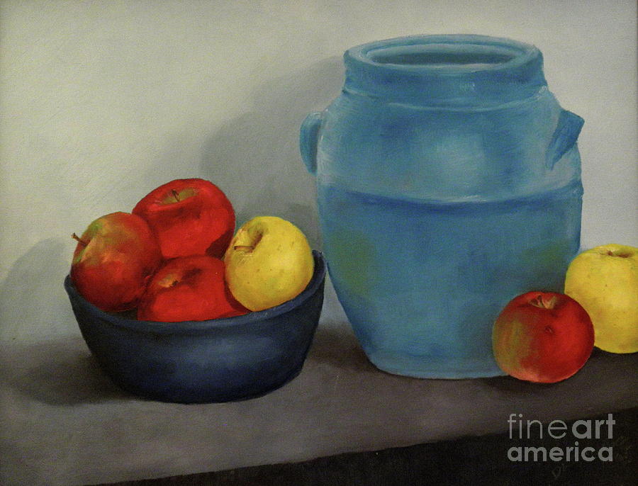 Still Life Painting - Blue Jar And Apples by D L Gerring