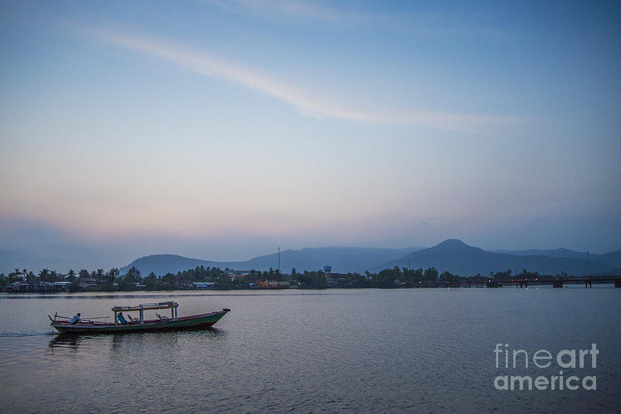 Boat At Sunset In Kampot Riverside Cambodia #1 Photograph by JM Travel Photography