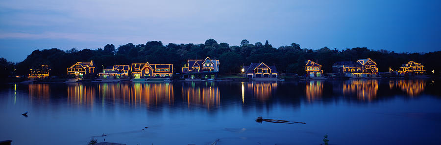 Christmas Photograph - Boathouse Row Lit Up At Dusk #1 by Panoramic Images