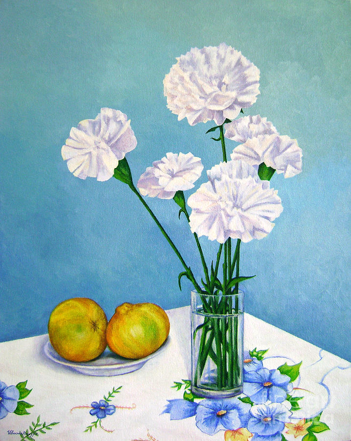 Still Life Painting - Bodegon con Claveles y Mandarinas by Pincay Art