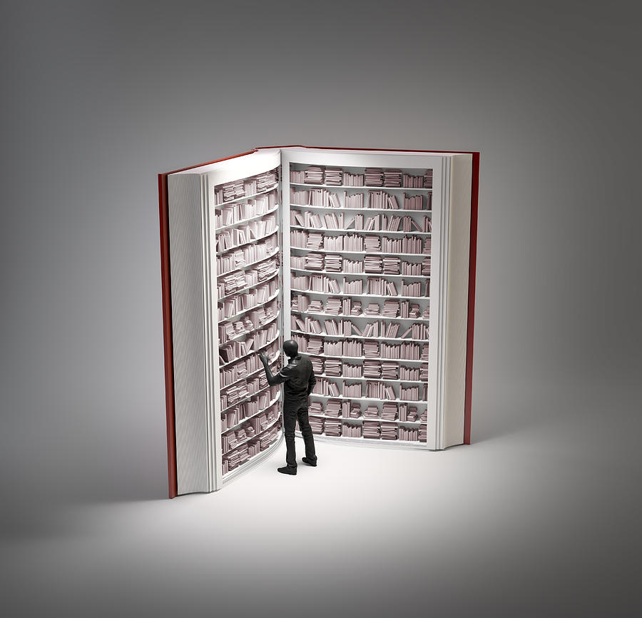 Bookshelves in book with human figure #1 Drawing by Andrzej Wojcicki/science Photo Library