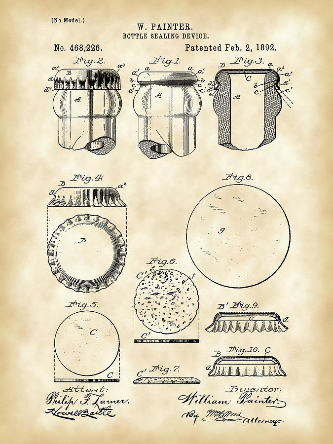 Beer Digital Art - Bottle Cap Patent 1892 - Vintage by Stephen Younts