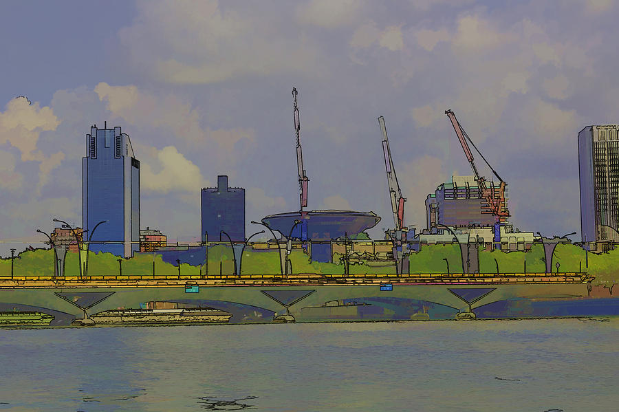 Bridge Digital Art - Bridge on the Marina reservoir and some construction cranes #1 by Ashish Agarwal