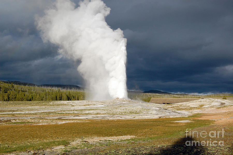 Yellowstone National Park Photograph - Bright Steam Plume set against a Darkening Sky from Old Faithful Geyser in Yellowstone National Park #1 by Shawn OBrien