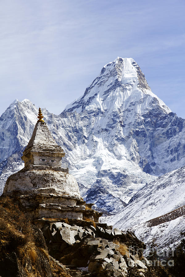 Mountain Photograph - Buddhist stupa and Ama Dablam mountain in the Everest Region of Nepal #1 by Robert Preston