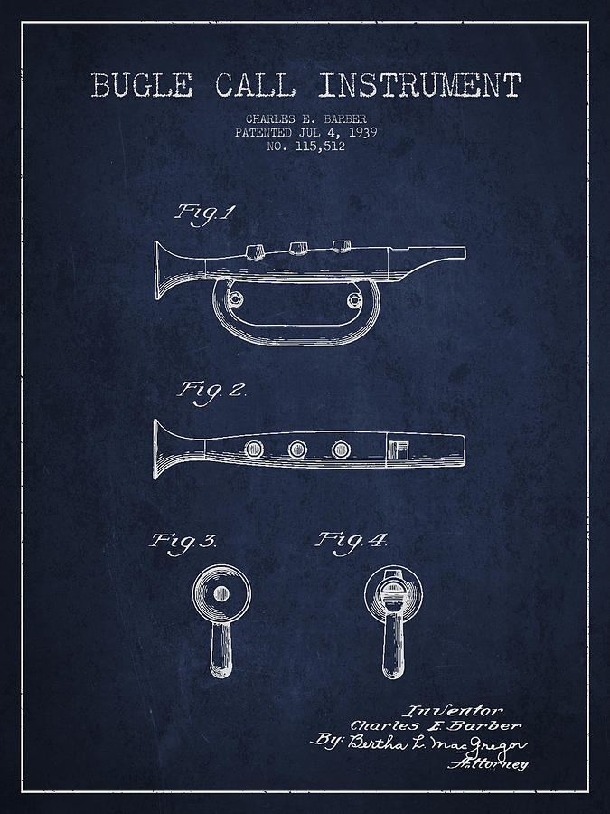 Bugle Call Instrument Patent Drawing From 1939 - Navy Blue Digital Art