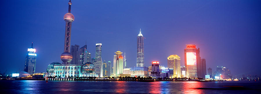 Architecture Photograph - Buildings Lit Up At Dusk, Shanghai #1 by Panoramic Images
