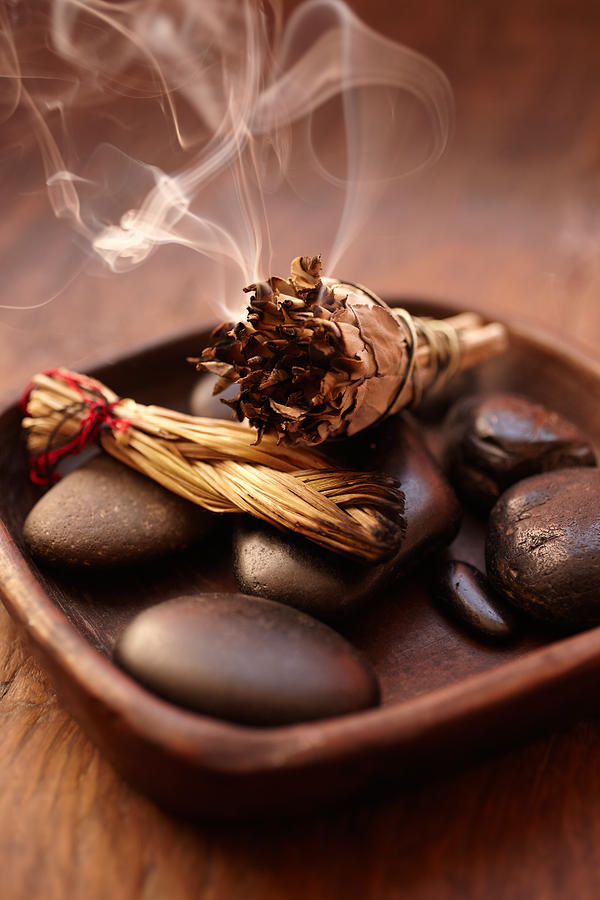 Burning incense Sage stick and pebbles #1 Photograph by GSPictures