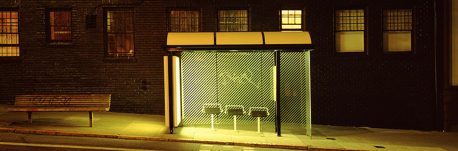 San Francisco Photograph - Bus Stop At Night, San Francisco #1 by Panoramic Images