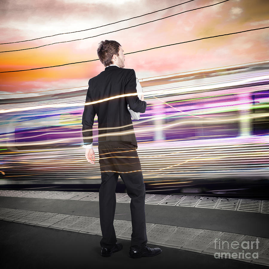 Business man at train station railway platform #1 Photograph by Jorgo Photography