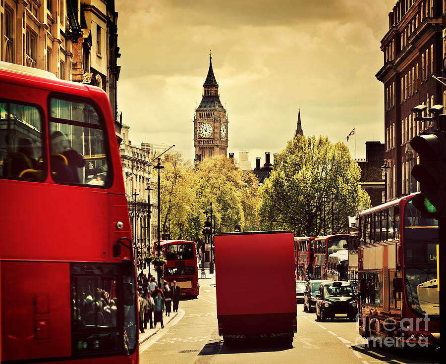 Busy street of London England the UK Red buses Big Ben #1 Photograph by Michal Bednarek