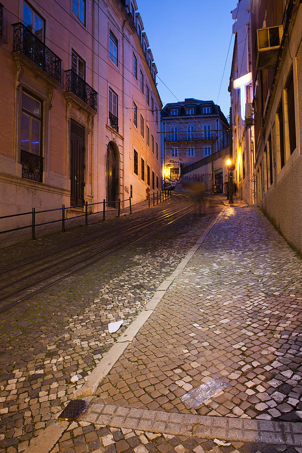 Calcada da Gloria Street at Night in Lisbon #1 Photograph by Artur Bogacki