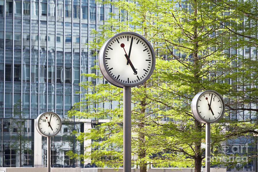 Canary Photograph - Canary Wharf Clocks in London #1 by Roberto Morgenthaler