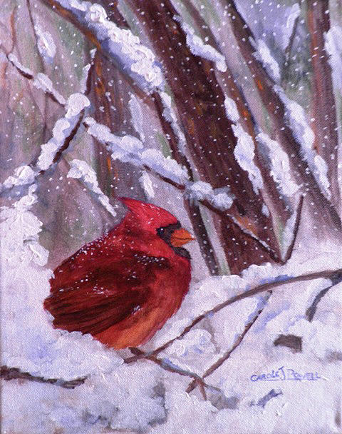 Cardinal in the snow #1 Painting by Carole Powell