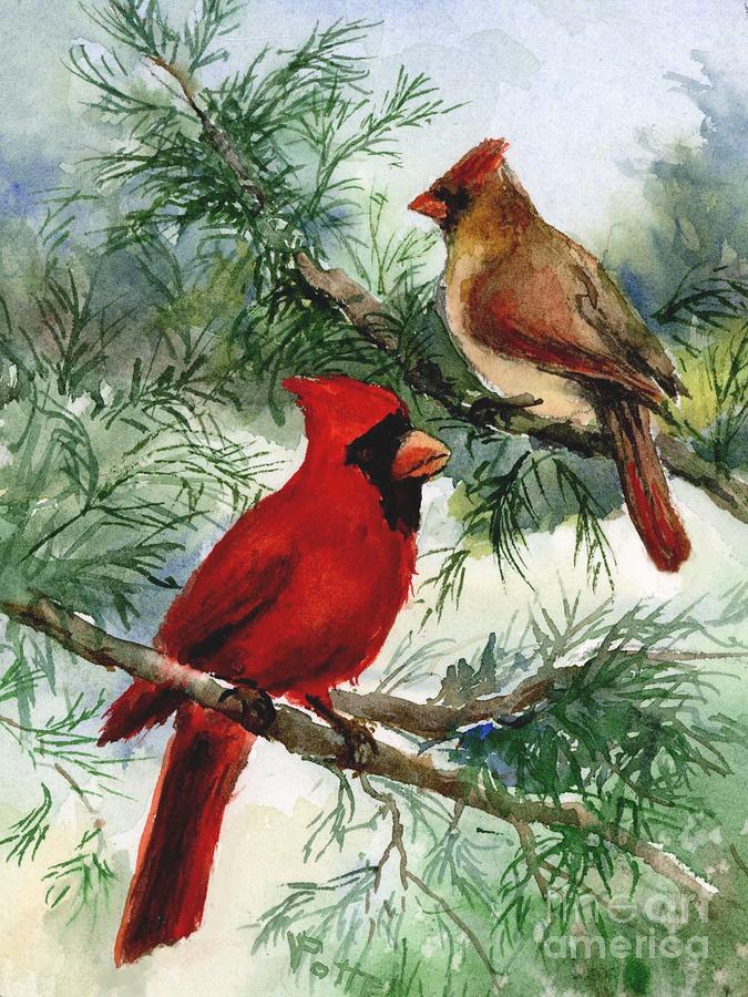Cardinals in Winter #1 Painting by Virginia Potter