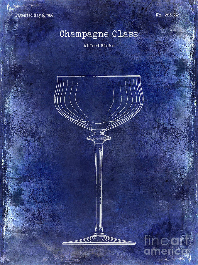 Vintage Photograph - Champagne Glass Patent Drawing Blue #1 by Jon Neidert