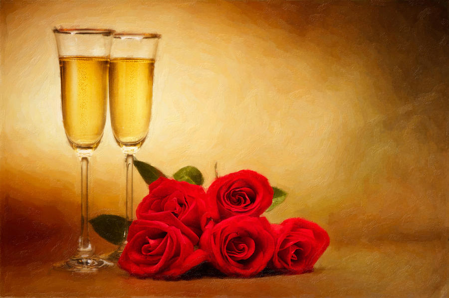 Champagne glasses and roses  #1 Photograph by U Schade