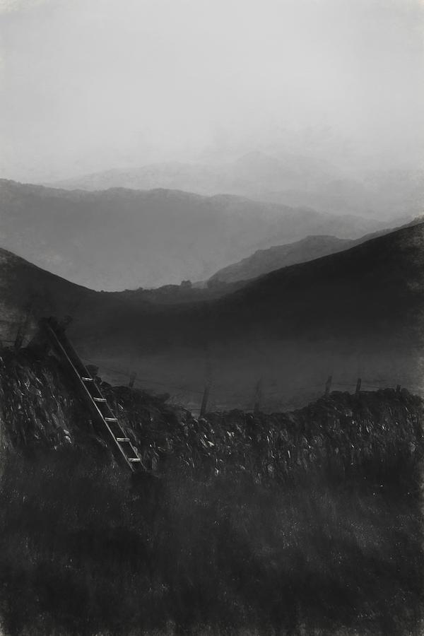 Nature Photograph - Charcoal drawing image View along misty valley towards Snowdonia mountains #1 by Matthew Gibson
