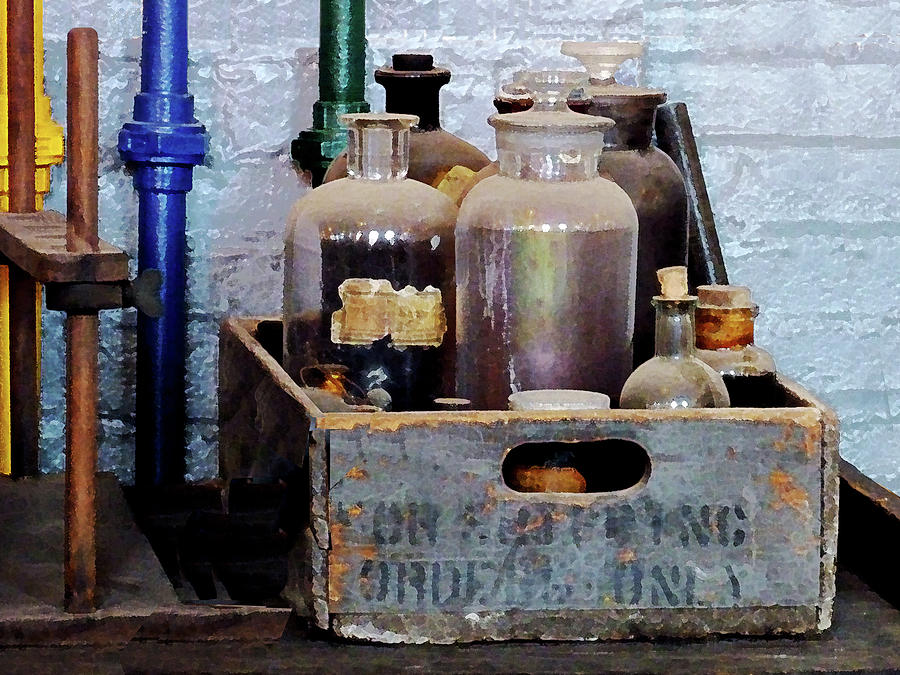 Bottle Photograph - Chemist - Bottles of Chemicals in a Wooden Box #1 by Susan Savad