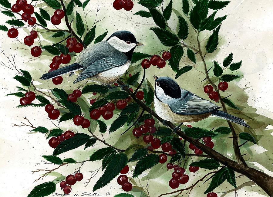 Bird Painting - Cherry Picking Time #1 by Steven Schultz
