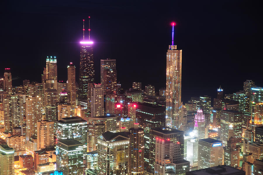 Chicago night aerial view #1 Photograph by Songquan Deng