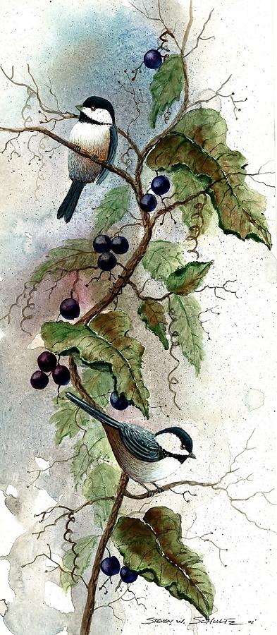 Blueberry Painting - Chickadees And Blueberries #1 by Steven Schultz