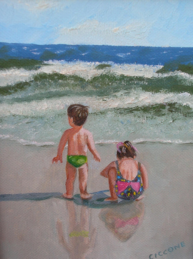 Children on the Beach Painting by Jill Ciccone Pike
