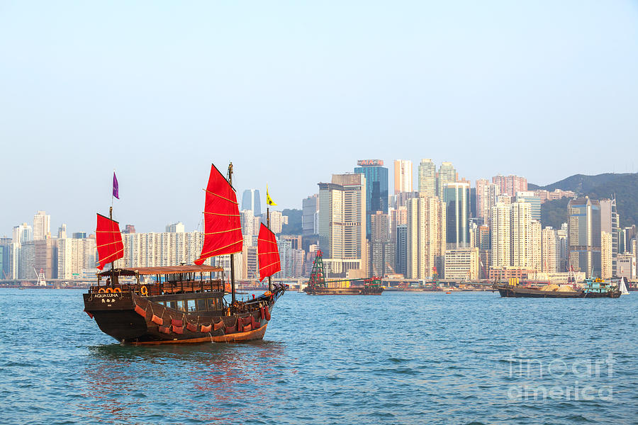 Chinese junk boat sailing in Hong Kong harbor #1 Photograph by Matteo Colombo