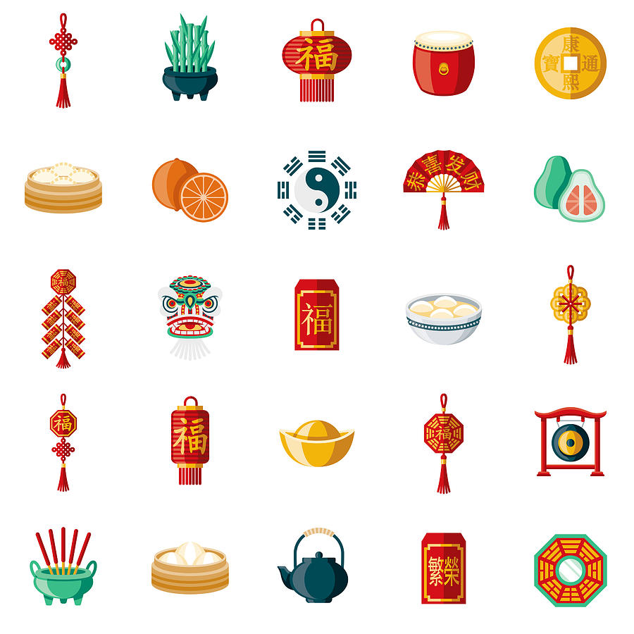 Chinese New Year Flat Design Icon Set #1 Drawing by Bortonia