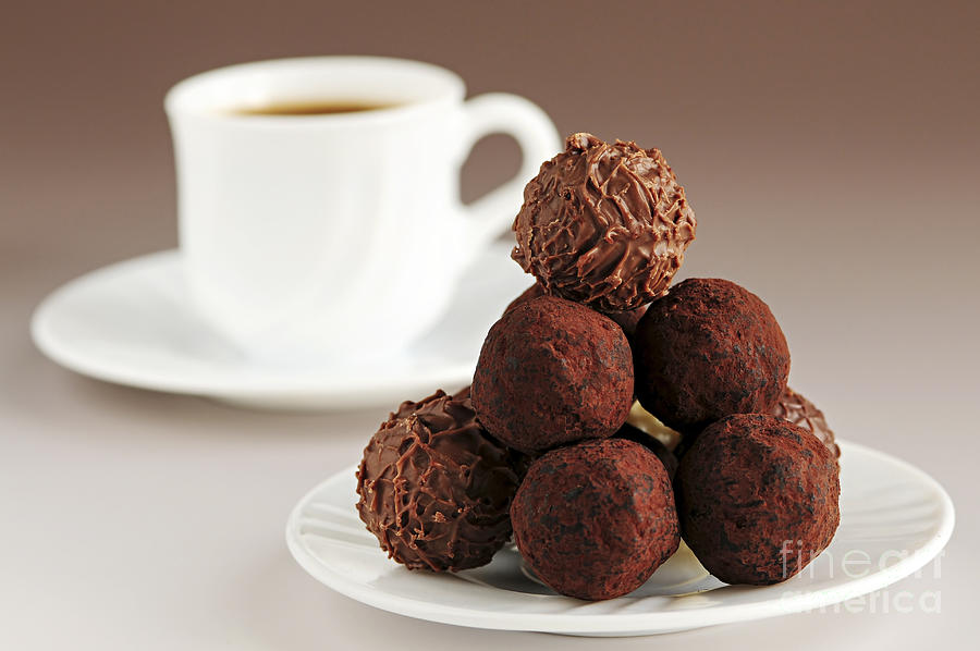 Coffee Photograph - Chocolate truffles and coffee 1 by Elena Elisseeva