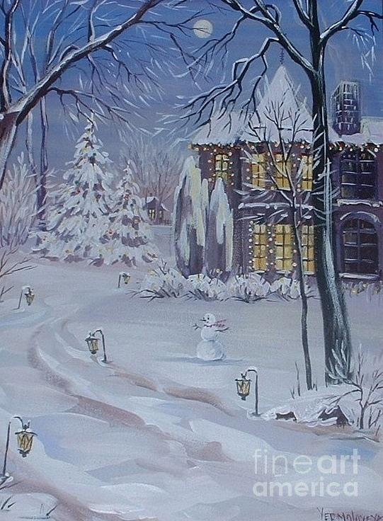 Christmas Cottage Painting by Margaryta Yermolayeva