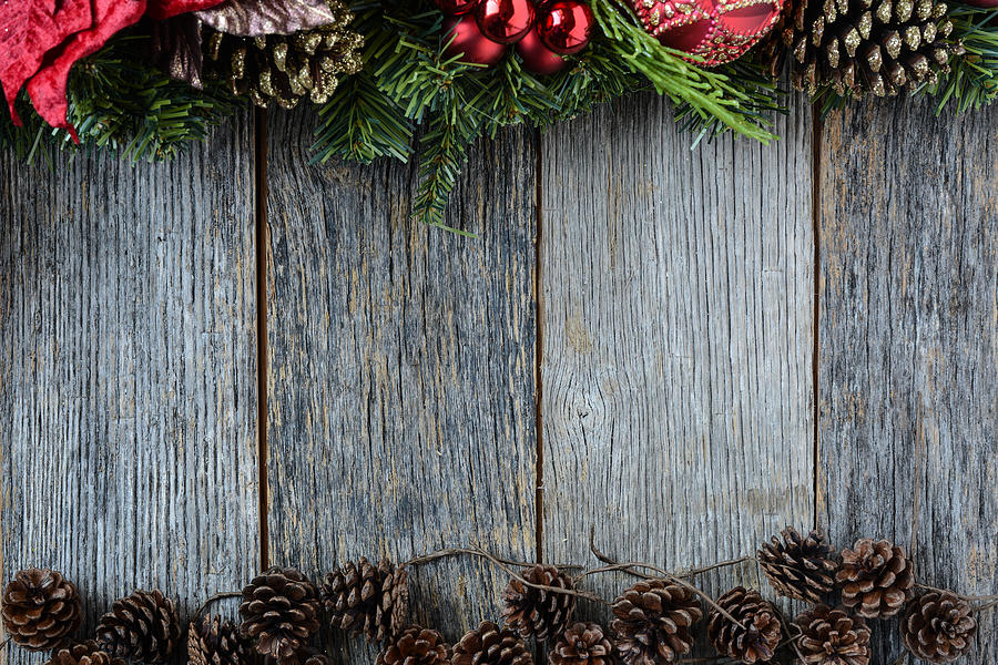 Nature Photograph - Christmas Decoration Over Wooden Background #1 by Brandon Bourdages