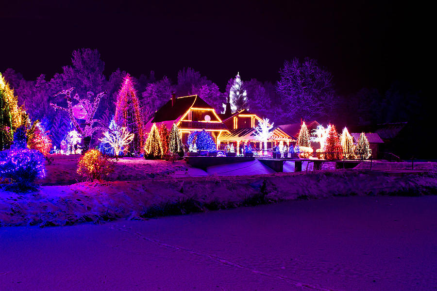 Christmas fantasy park forest lodge in xmas lights #1 Photograph by Brch Photography