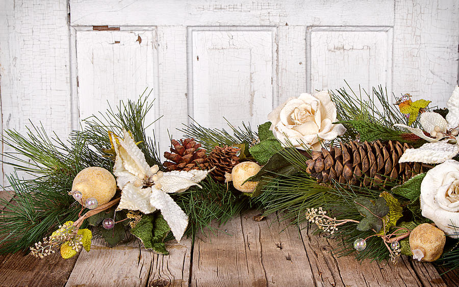 Christmas Photograph - Christmas flowers and pine branches on wood #1 by Jennifer Huls
