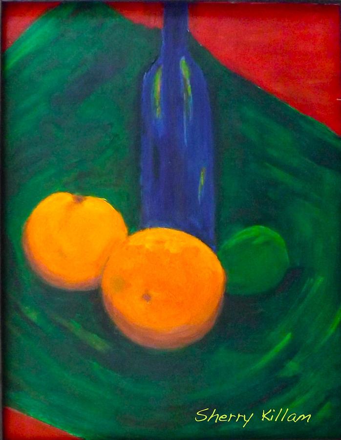 Citrus and Blue Bottle #1 Painting by Sherry Killam