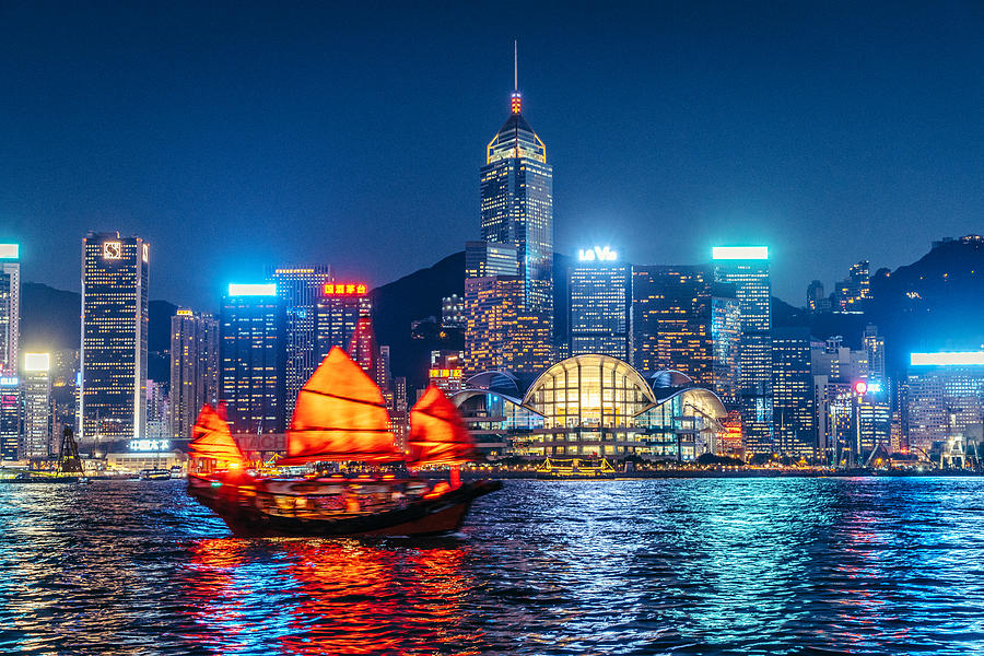 Cityscape Hong Kong and Junkboat at Twilight #1 Photograph by Nikada