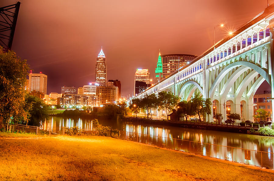 Cleveland downtown at night #1 Photograph by Alex Grichenko