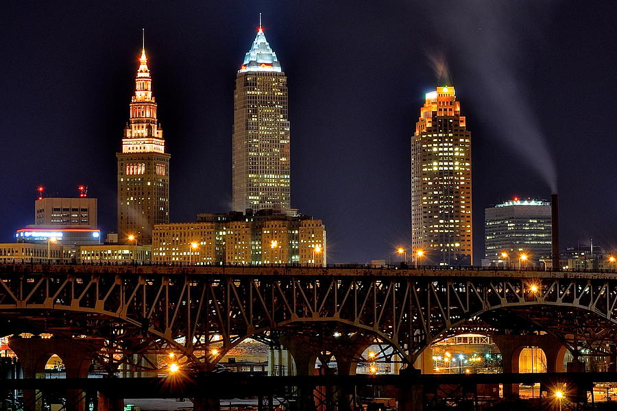 Cleveland Photograph - Cleveland Skyline at Night by Frozen in Time Fine Art Photography